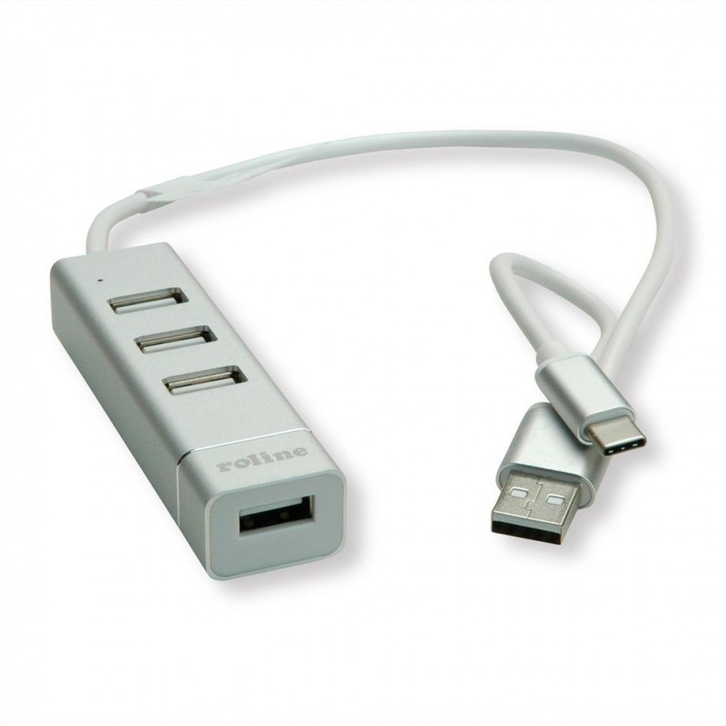 Hub USB 2.0 pour portables, 4 ports, câble de raccordement type A+C ROLINE