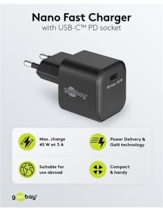 45 W Chargeur Rapide USB-C PD GaN Nano noir