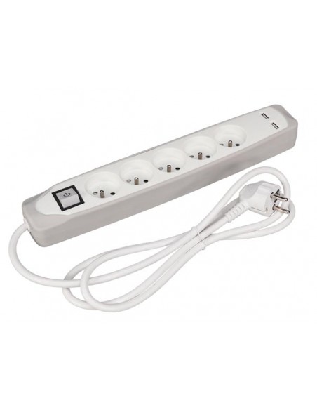 5-VOUDIGE STEKKERDOOS MET SCHAKELAAR - 2 USB-POORTEN - GRIJS/WIT - PENAARDE