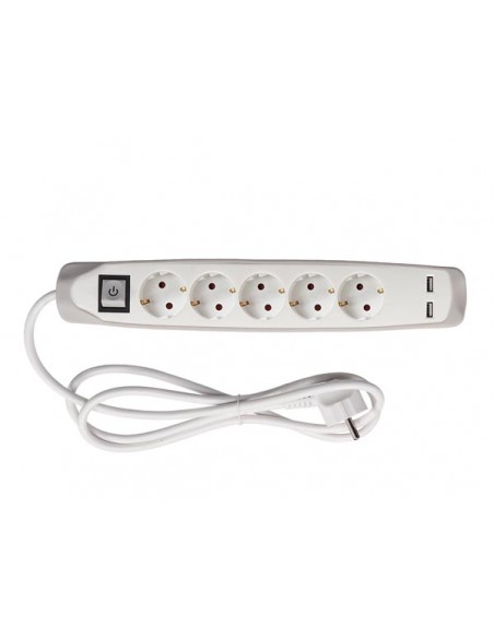 5-VOUDIGE STEKKERDOOS MET SCHAKELAAR - 2 USB-POORTEN - GRIJS/WIT - PENAARDE