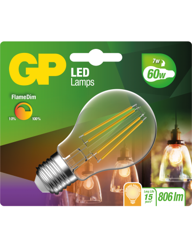 LED lamp GP 085430 E27 A60 Classic Filament FlameDim 7W 1 Stuk